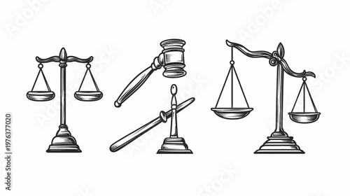 Monochrome illustrations of legal symbols including scales of justice, gavel, and baton