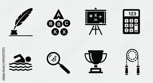 A collection of black icons representing various educational and recreational activities for kids