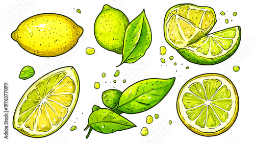 Colorful illustrated lemons, limes, leaves and juice drops on a white background