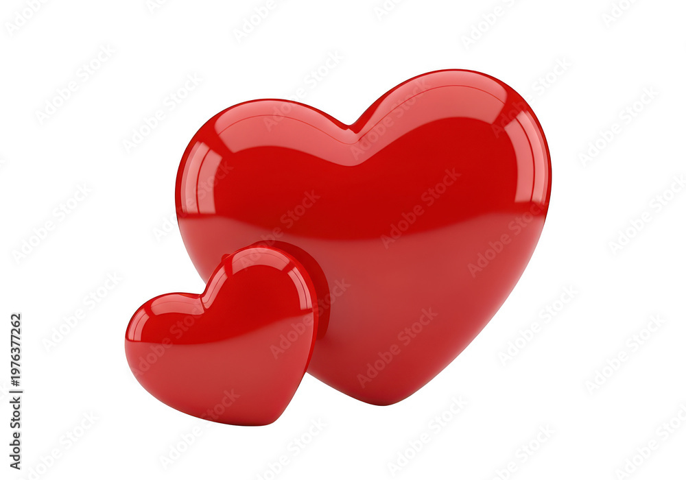 Fototapeta premium Two shiny red hearts, one large and one small, isolated on transparent background