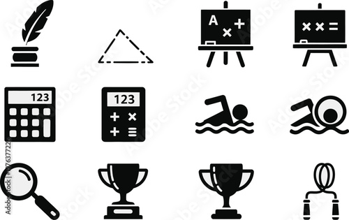 A collection of twelve simple black and white vector icons representing various school subjects