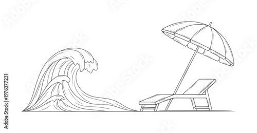 Large ocean wave crashes near empty beach chair and umbrella