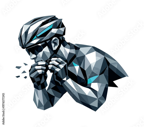 Low-poly vector illustration of a cyclist adjusting the helmet strap before riding, angular faceted body leaning slightly forward