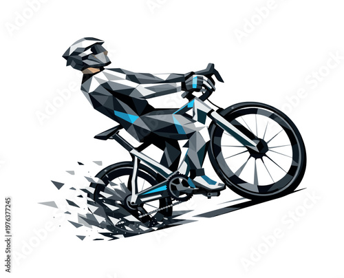 Low-poly vector illustration of a cyclist approaching a braking point, angular faceted body leaning backward with triangular