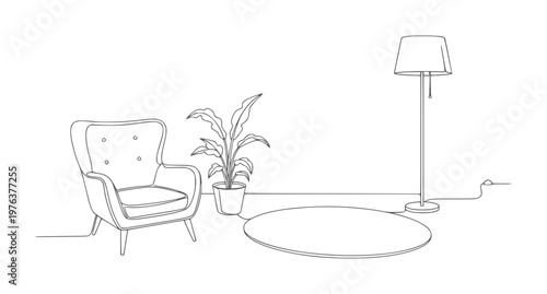 Minimalist line of a wingback chair with a potted plant and floor lamp