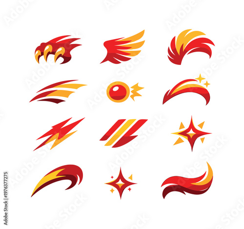 Two-Color vector icons of wild strength: claw grip, wing thrust, plume crest, contour dash, tiny bead, arc lift, power streak,