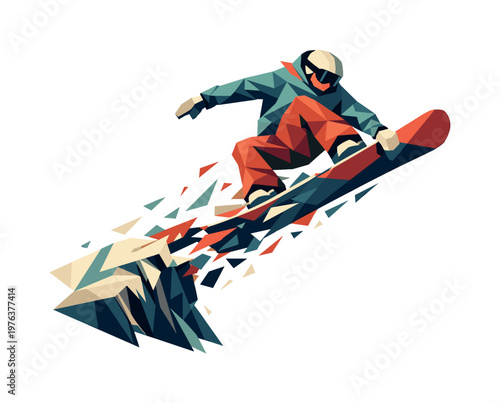 Low-poly vector illustration of a snowboarder mid-air after a cliff drop, faceted triangular limbs and board angled while