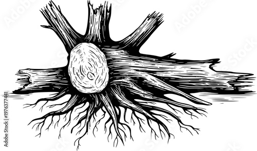 Detailed Black and White Wood Stump with Intricate Roots and Grain Texture tree nature