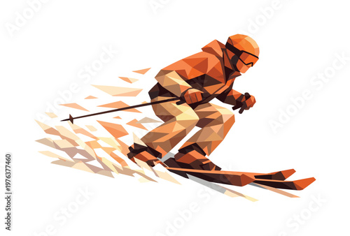 Low-poly vector illustration of a skier launching down a slope at sunrise, body angled forward with sharply faceted limbs, skis