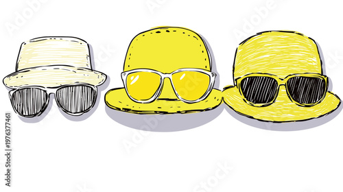 Three stylized fedoras and sunglasses sketched in shades of yellow and black on a white background