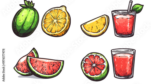 Illustration of various fruits including slices, halves and juices. Hand-drawn style