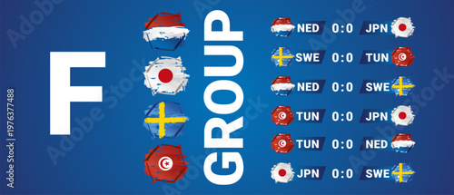 2026 International Soccer Tournament Group F matches Schedule with national flags ribbons on blue background