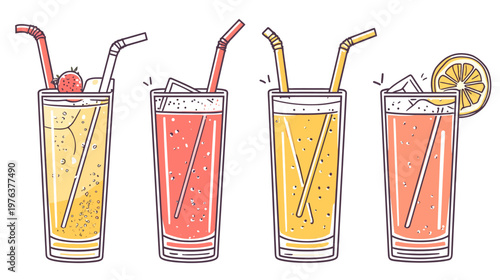 A collection of four refreshing beverages, each served in a tall glass with ice and a straw
