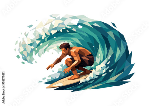 Surfer Inside Wave. Low-poly vector illustration of a surfer riding inside a barreling wave, body crouched low with sharply
