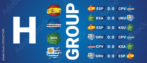 2026 International Soccer Tournament Group H matches Schedule with national flags ribbons on blue background