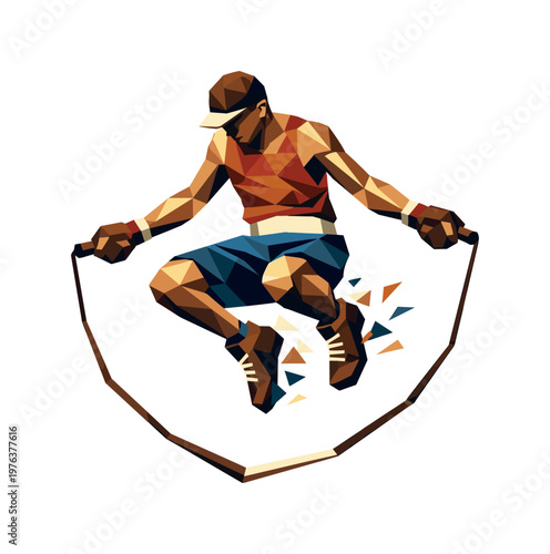 Low-poly vector illustration of a boxer mid-jump, angular limbs extended with rope forming a sharp polygonal arc below, dynamic