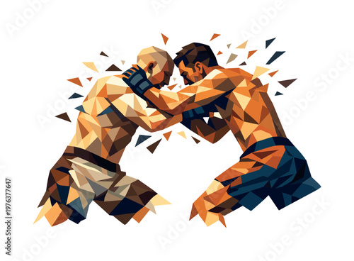 Low-poly vector illustration of a fighter mid-clinch break, angular faceted limbs fully engaged in pushing or resisting,