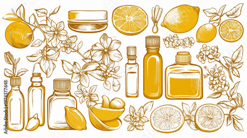 A hand-drawn illustration with botanical elements, citrus fruits, flowers, and essential oil bottles