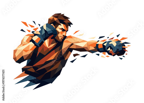 Low-poly vector illustration of a fighter mid-block counter, angular faceted limbs frozen in dynamic defensive motion with