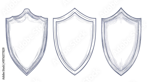 Three heraldic shields with a hand-drawn style, showcasing different shield shapes and a textured look