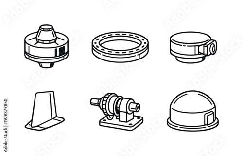 Line style icons of kinetic-assisted storage: flywheel core, magnetic bearing ring, rotation sensor, stabilization fin, torque