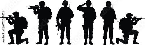 Black silhouette soldiers in various poses with rifles, helmets, backpacks, saluting and aiming illustration design concept