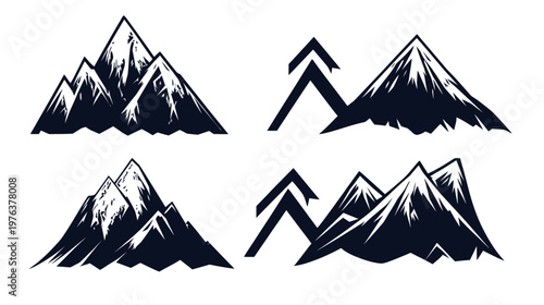 Four black and white illustrations featuring mountainous landscapes, each with a unique design and style