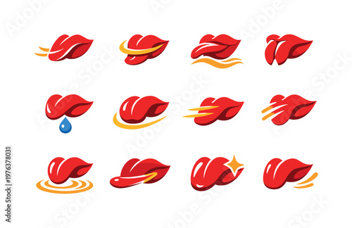 Dynamic Tongue Icons. Two-Color vector icons of tongue motion: flick line, curved strand, wave arc, split tip, tiny droplet, arc