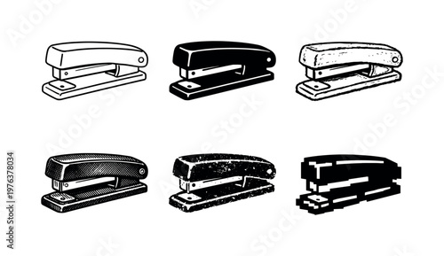 Metal paper stapler device used in offices and schools for attaching paperwork | Create ONE image containing EXACTLY six versions