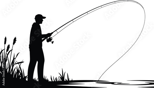 Black silhouette of a fisherman standing on the river bank with a bent rod catching fish, outdoor nature vector illustration