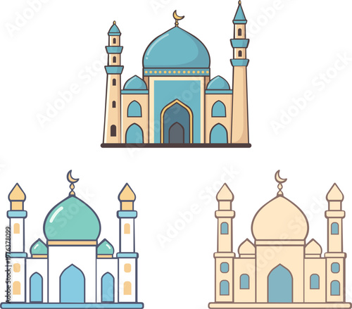 Islamic mosque icon set vector illustration, masjid architecture flat design collection