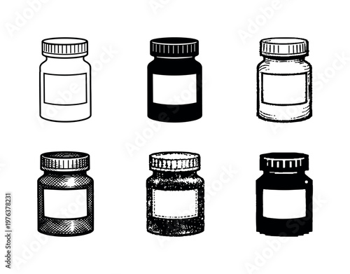 Pharmacy medicine bottle container with childproof cap and blank front label for dosage information | Create ONE image containing