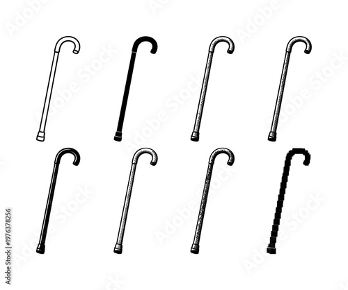 Walking cane with curved handle and rubber tip, used for balance support while standing and moving | Create ONE image containing