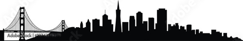 Black vector silhouette of San Francisco city skyline panorama with Golden Gate Bridge and skyscrapers isolated on white background