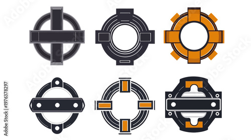 Six stylized geometric shapes with circular elements, cross features, and simple color schemes