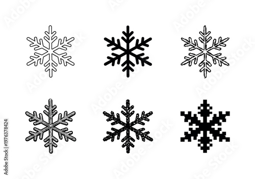 Six pointed ice crystal snowflake shape with delicate symmetrical branches, used in seasonal design | Create ONE image containing