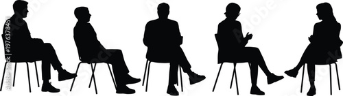 Business people silhouettes sitting on chairs in discussion meeting isolated on white background, teamwork communication concept vector illustration