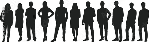 Business people silhouettes standing in row isolated on white background, corporate team professional group concept vector illustration collection set
