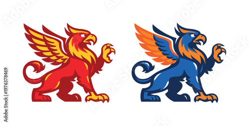 Two-Color vector icons of griffin with lion: griffin stance, lion body, eagle wings, curved beak, mane arc, tail curl, claw tip,