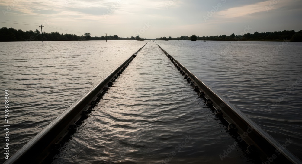 Fototapeta premium Flooded Railway Tracks Submerged Under Water Stretching to Horizon with Trees and Power Lines in Background