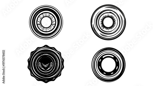 Four black and white abstract circular designs with varying inner patterns on a white background