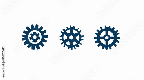 Three stylized dark blue gear icons, varying in design, sit aligned horizontally against a white background