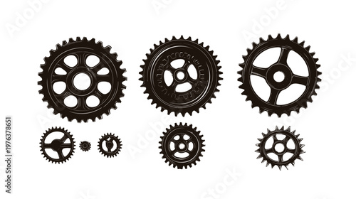 A collection of various sizes of cogwheels in shades of black, over a white background