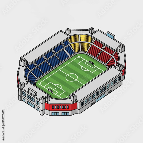 Stadium with green soccer field inside.