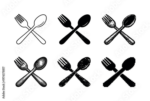 Fork & Spoon Variants. Crossed fork and spoon placed together as dining utensils, used for eating meals and serving food | Create