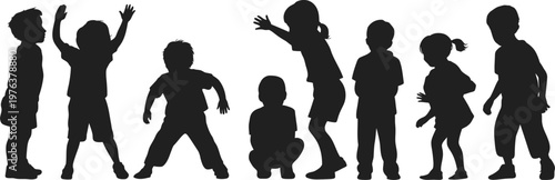 Children silhouettes playing and jumping happy kids group activity childhood fun playful movement isolated vector illustration on white background