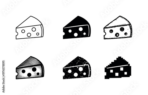 Cheese Wedge Variants. Triangular cheese wedge with rind edge and small round holes, served as a savory dairy snack or cooking