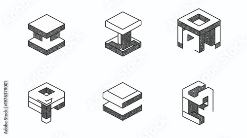 Isometric, textured illustrations of abstract geometric shapes; six separate designs, white background