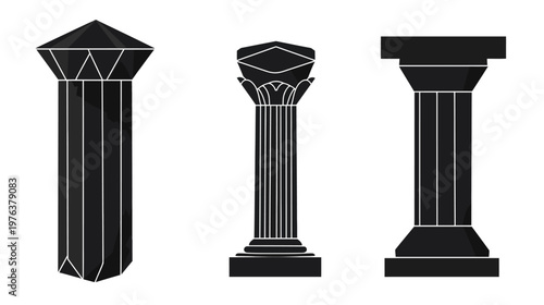 Three minimalist black pillars with differing capitals and bases. Ideal for design applications