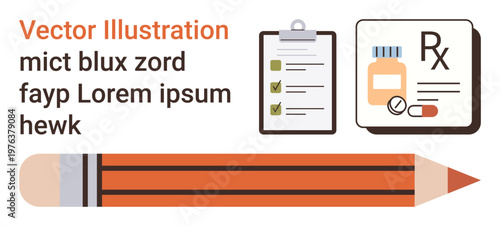 Healthcare, education, documentation, note-taking, pharmacy, organization. Medical prescription form, clipboard checklist and pencil. Healthcare and documentation concepts
